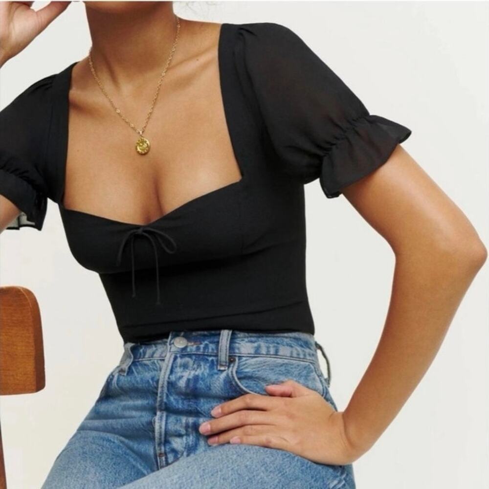 Reformation Delevan Sheer Top Black Puffy Sleeves Smocked Back Blouse Sz 4